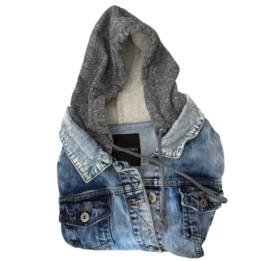 Maurices Hooded Denim Jacket Womens M Medium Blue Gray Mixed Media Trucker